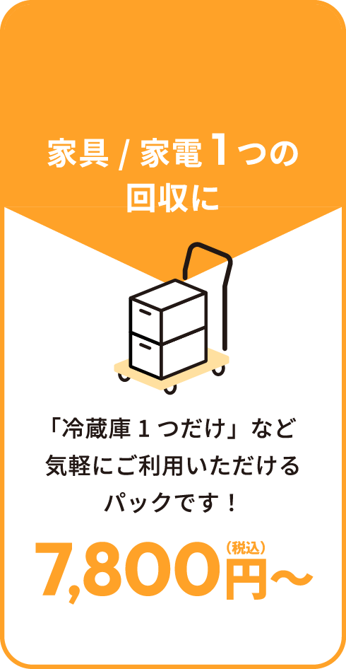 家具/家電1つの回収に 「冷蔵庫1つだけ」など気軽にご利用いただけるパックです！ 7,800円～